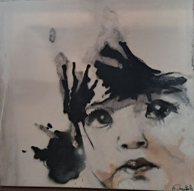 a picture of a painting of a woman with hands on her face