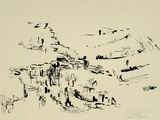 un dessin en noir et blanc représentant un groupe de personnes sur une plage