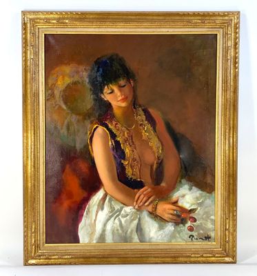 an oil painting of a woman in a white dress sitting on a chair