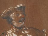 drawing of a man in a hat and uniform holding a knife and fork