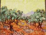 une peinture à l'huile représentant des oliviers dans un champ, avec le soleil en arrière-plan