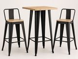 three stools and a table with a wooden top on a white background