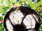 peinture représentant un ballon de football sur un terrain d'herbe verte