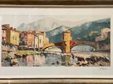 an image of a painting of a bridge over a body of water