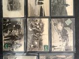 several black and white photographs of horses and jockeys on a table