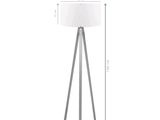 the floor lamp has a white shade on it and a wooden tripod base