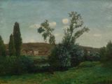 une peinture d'un paysage avec une rivière au premier plan