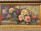 a painting of roses in a vase on a table