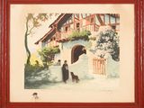 aquarelle encadrée représentant une femme et son chien devant une maison