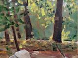 une peinture à l'huile représentant une scène forestière avec des rochers et des arbres au premier plan