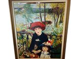 tableau représentant une femme avec un enfant, assises sur un banc dans un jardin