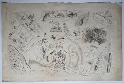 an old drawing of a map with people and animals on it