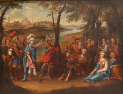 painting of a group of people in a wooded area with a castle in the background