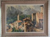 painting of a view of a village with a church steeple in the background