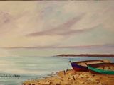 painting of two boats on a beach near the ocean