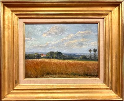 an oil painting of a field of wheat with a house in the distance