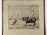 drawing of a bull and a woman in a red dress in a bullfight
