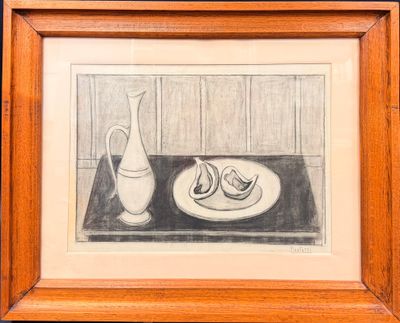 dessin représentant une assiette de bananes et un pichet posés sur une table