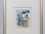 painting of two men standing in front of a blue wall