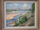 une peinture à l'huile représentant un paysage avec une rivière au premier plan et des collines à l'arrière-plan