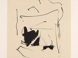 an image of a black and white drawing of a person sitting on a bed