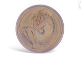 a picture of a painting of a woman sitting on a plate