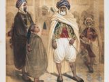 an old painting of two men standing next to each other in front of a building