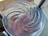 a glass plate with fish in it sitting on a table