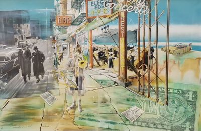 une peinture d'un homme marchant dans la rue