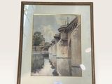 painting of a bridge over a body of water with a building in the background