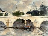painting of a painting of a boat on a river near a bridge