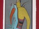 a painting of a man and a woman on a red wall