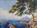 a painting of a boat on the water near a tree