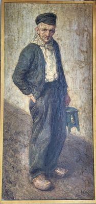 an old painting of a man standing in front of a wall