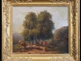 une peinture à l'huile représentant des vaches se reposant sous un arbre dans un champ