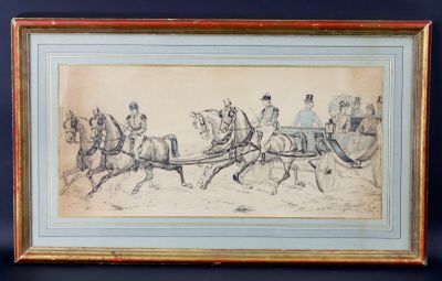 dessin encadré représentant une calèche tirée par des chevaux, avec quatre hommes à bord