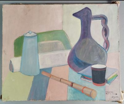 une peinture représentant un pichet et une tasse posés sur une table