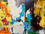 abstract painting of a vase of flowers in front of a colorful wall