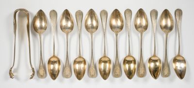 Douze cuillères à café et une pince à sucre en argent doré (… - Photo 1