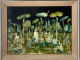 une peinture à l'huile représentant un groupe de personnes dans une forêt