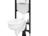 a white toilet with a black stand next to it