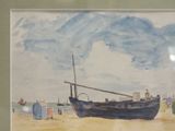 a painting of a boat on the beach by the water