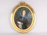 a painting of a woman in a black dress and a blue scarf