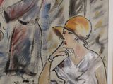 a painting of a woman sitting at a table in a cafe