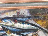 a painting of fish on a table in a room
