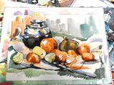a painting of oranges and a teapot on a table