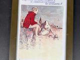 painting of a man in a red coat sitting on a bench next to a dog