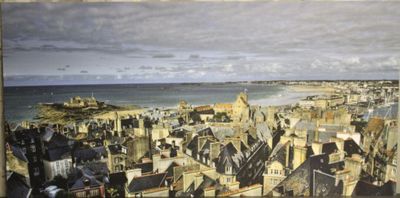 une image d'une peinture d'une ville au bord de l'eau
