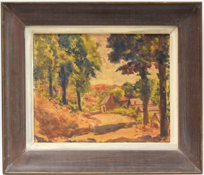 an oil painting of a country road with a house in the distance