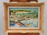 a picture of a painting of boats on the water